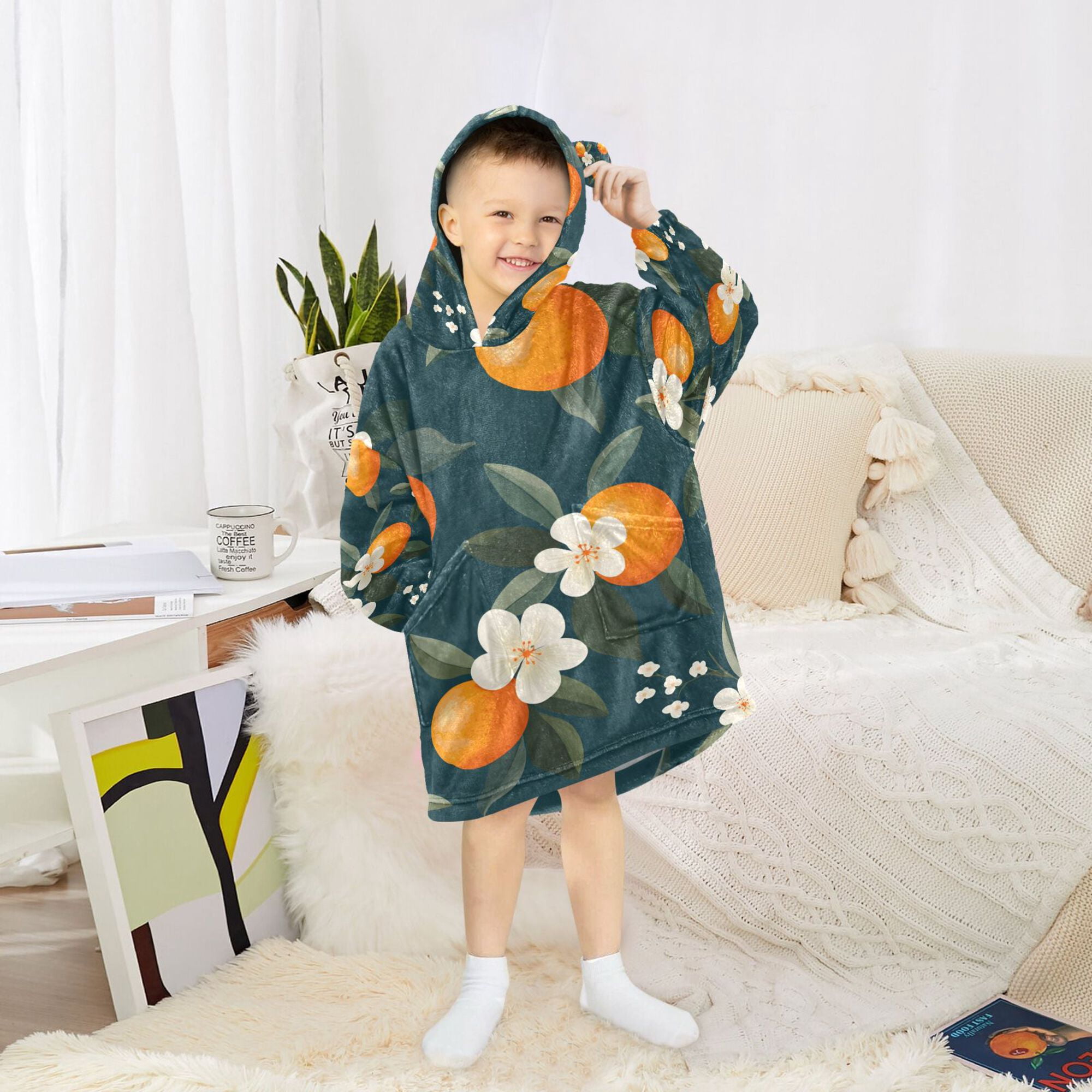 FORMRS Wearable Blanket Hoodie with Sleeves for Kids Cozy Flannel Sweatshirt, Floral Oranges