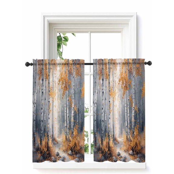 Orange Navy Blue Curtains 45 Inch Length, Sheer Curtains for Bedroom Living Room Window Modern Oil Painting Art Forest Rod Pocket Voile Drapes Kitchen Curtains Small Half Window 42"x45" 2 Panels