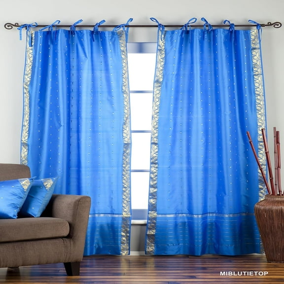Lined Tie Top Sari Curtains 60" W X 63" L matching tiebacks- Handcrafted Blue Indian Drapes Wiht Lining for light & airy ambience Perfect for Living/Bedroom/Dining Room Sold in Pairs