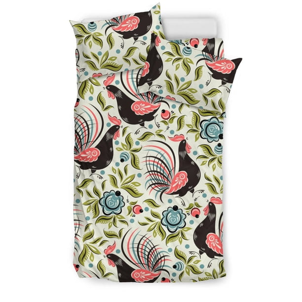 Juego de cama con estampado de gallo, gallina y hojas