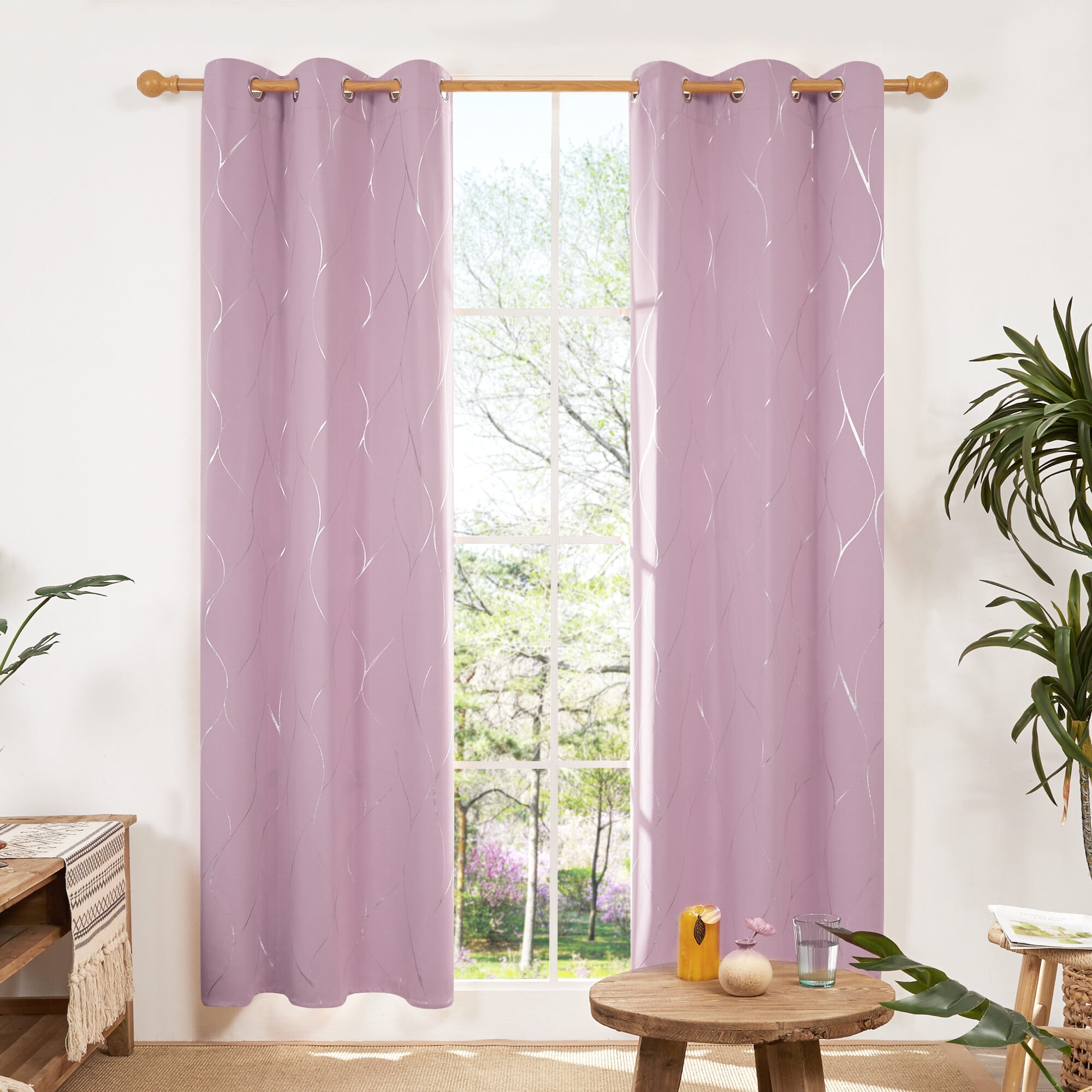 Deconovo Silver Wave Foil Print Blackout Curtains Grommet Light