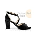 thumbnail image 3 of BLISSFUL STEP Women's Shoes Faux Velvet Chunky Heel Open Toe Crisscross Strap Buckle Sandals Black 6, 3 of 6