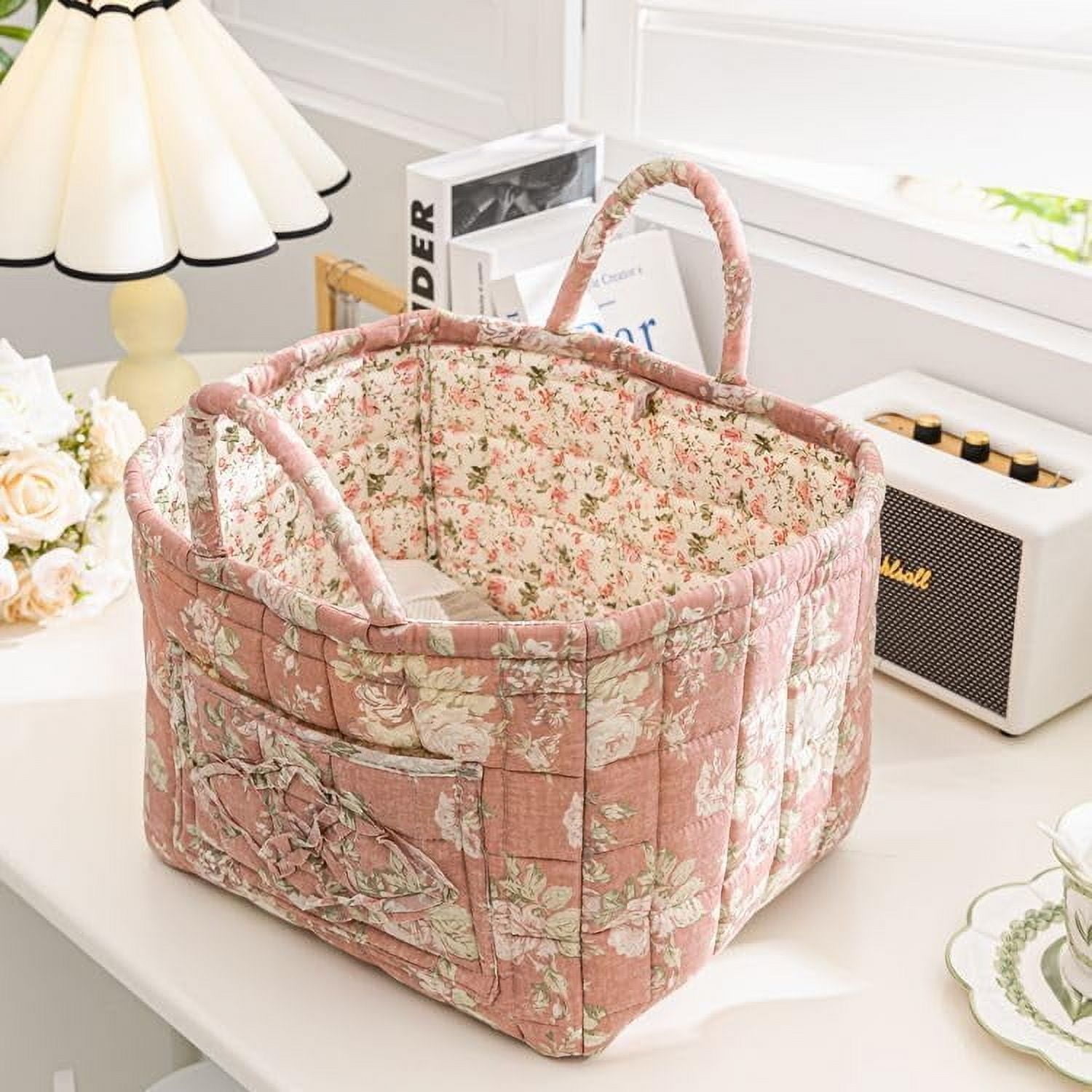 Boho Fabric Storage Basket Large Collapsible Laundry Hamper with Handles Quilted Floral Storage Bin for Clothes Toys and Home Organization