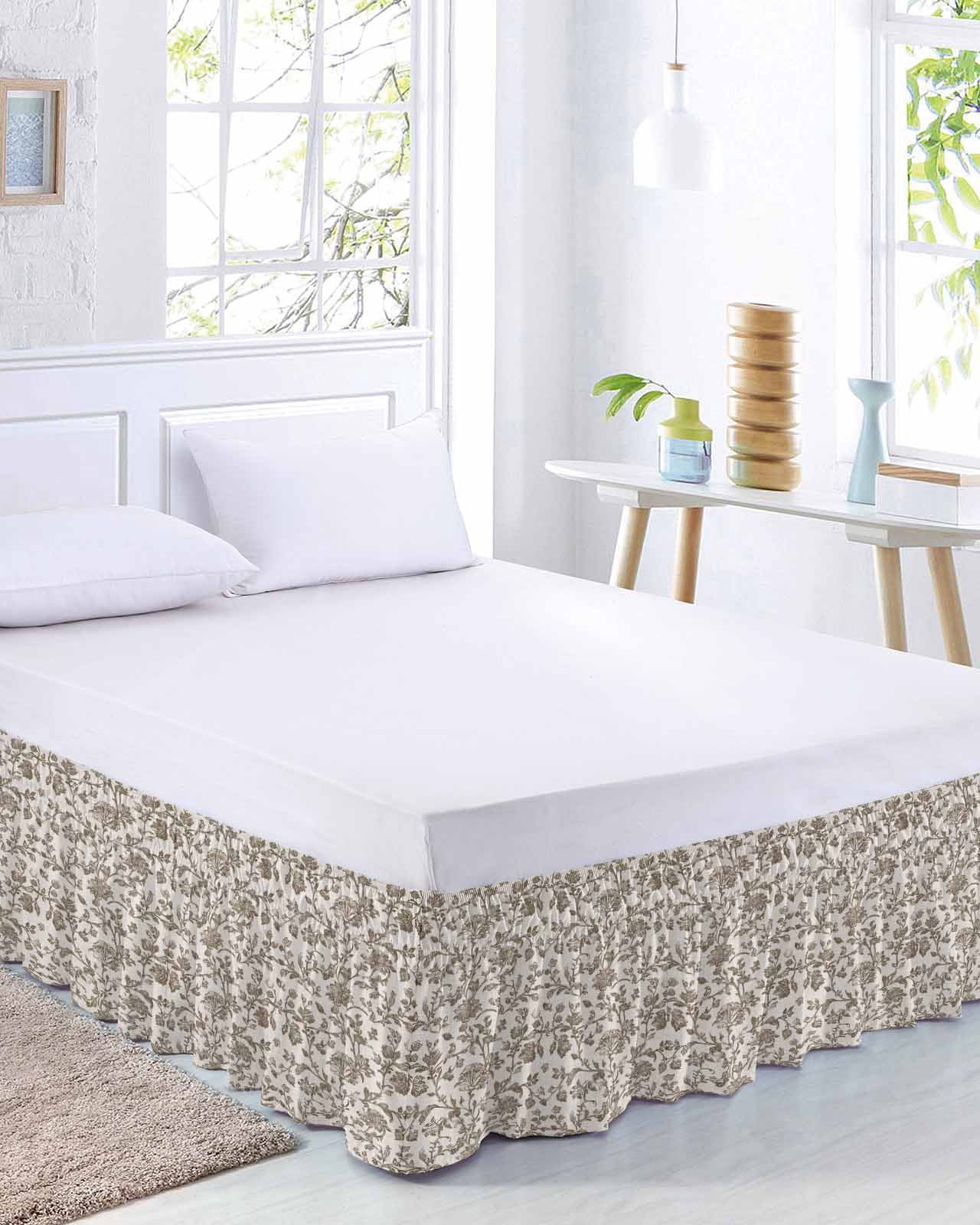 Farmhouse Brown Bed Skirt Cal King Size, Vintage Flower Leaf Botanical Plant Wrap Around Bed Skirting with Adjustable Elastic Strap, Dust Ruffled Pleated Bedskirts 16 Inch Drop for Bedroom Beds