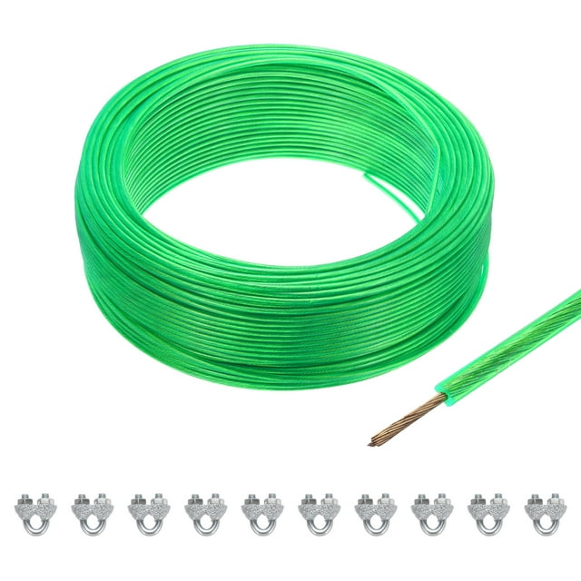 Uxcell 1/8 Green Vinyl Coated Wire Ropes 328ft Galvanized Steel with 10PCS M3 Loop Sleeves