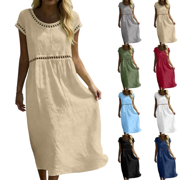 Vivianyo HD Women's Round Neck Eyelet Midi Dress, Summer Casual Empire Waist Dress for Women, With Decorative Cutout Trim and Short Sleeve, Women's L, Sizes S-2XL