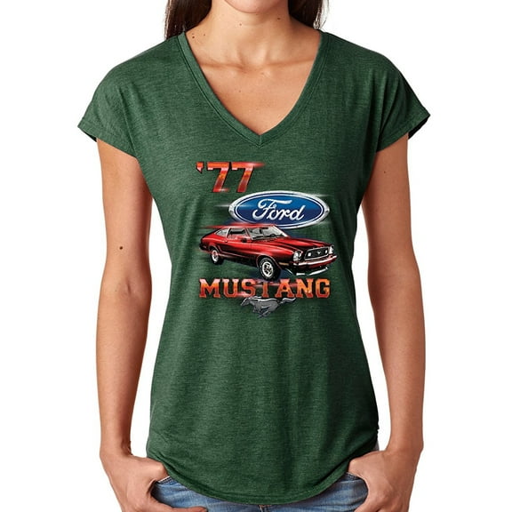 Ladies 77 Ford Mustang V-neck Yoga Shirt - Heather Green, XL