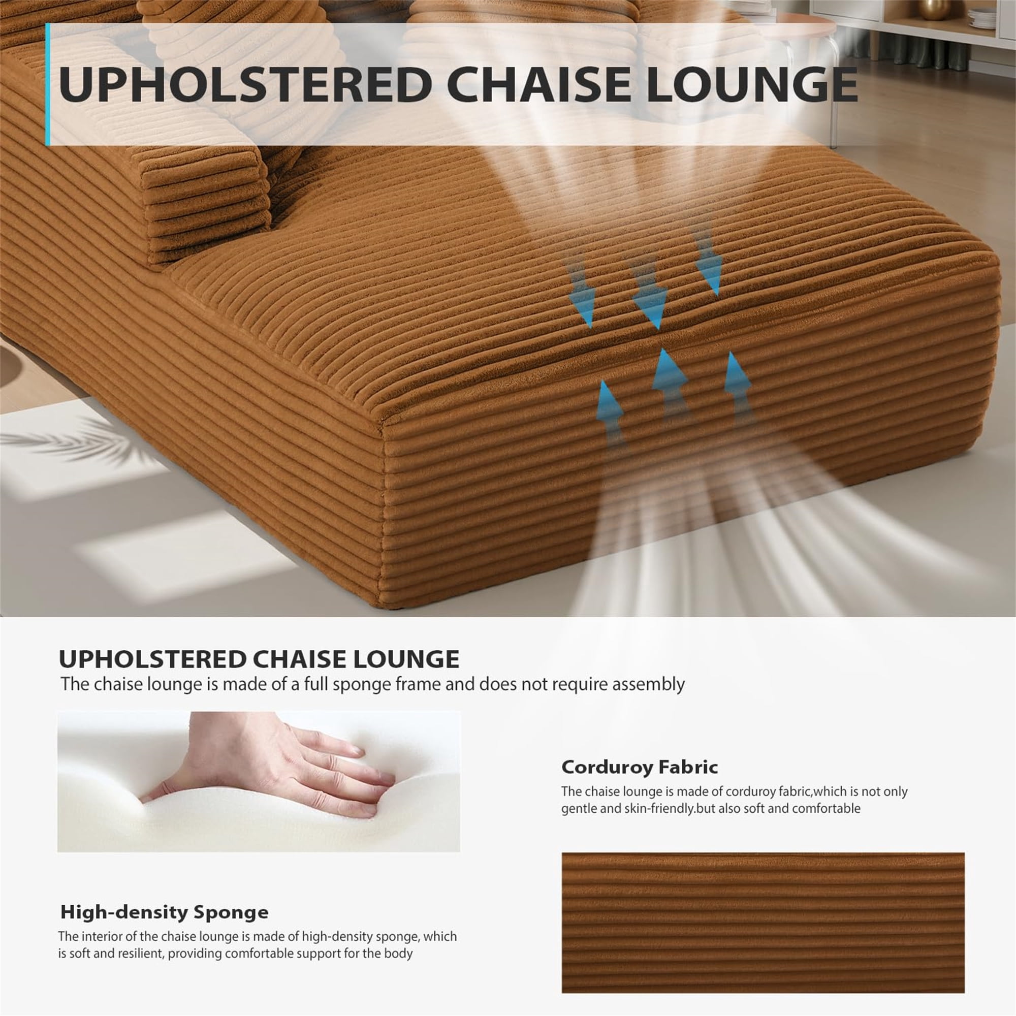 Aukfa 66" Oversized Chaise Lounge Indoor Chair Boneless Couch for Living Room Bedroom, 3Pillows, Orange