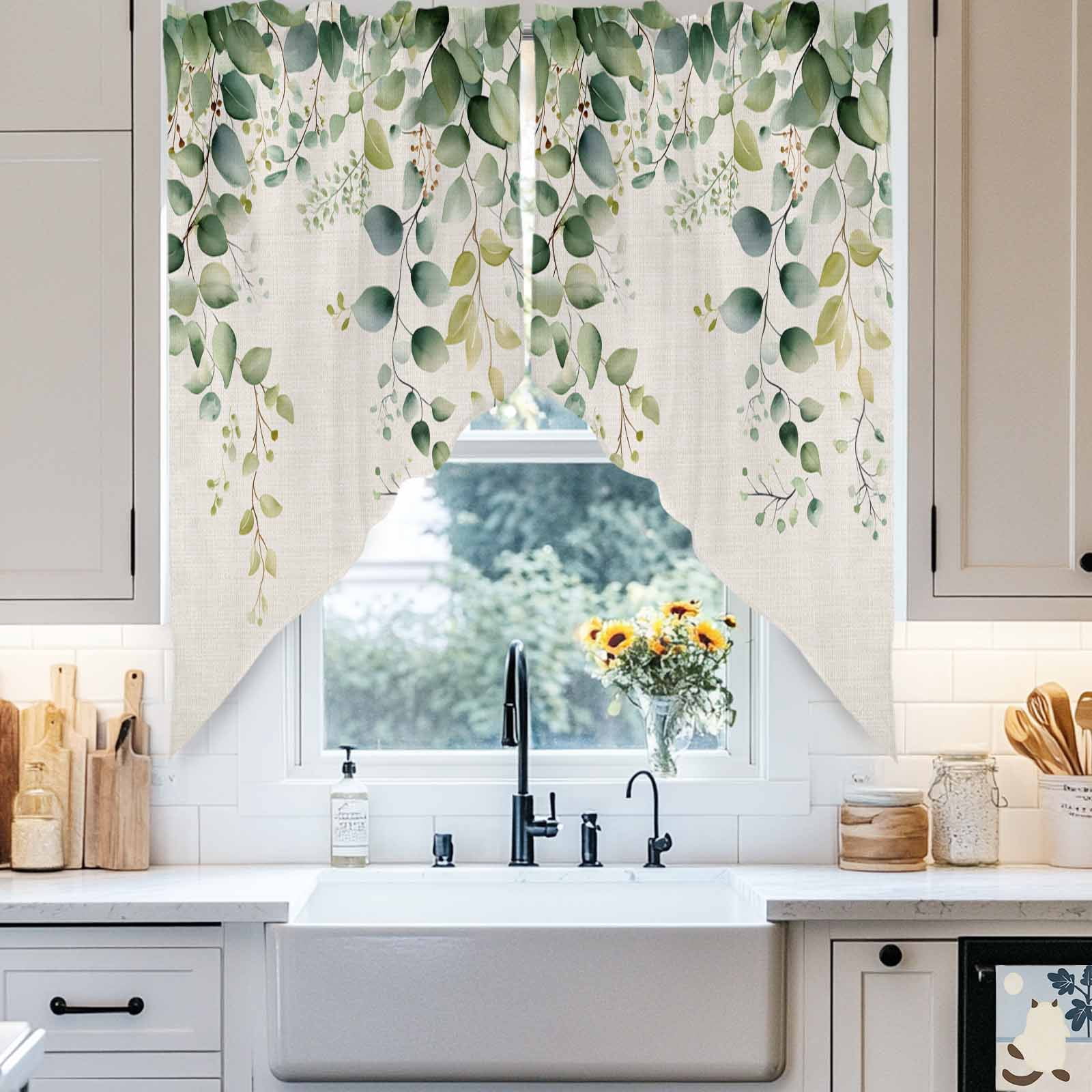 Eucalyptus Leaf Swag Valances for Windows 2 Pack Country Green Plant Linen Texture Swag Kitchen Curtains 63 Inches Long Rod Pocket Short Window Treatment for Kitchen Bathroom 36"x63"
