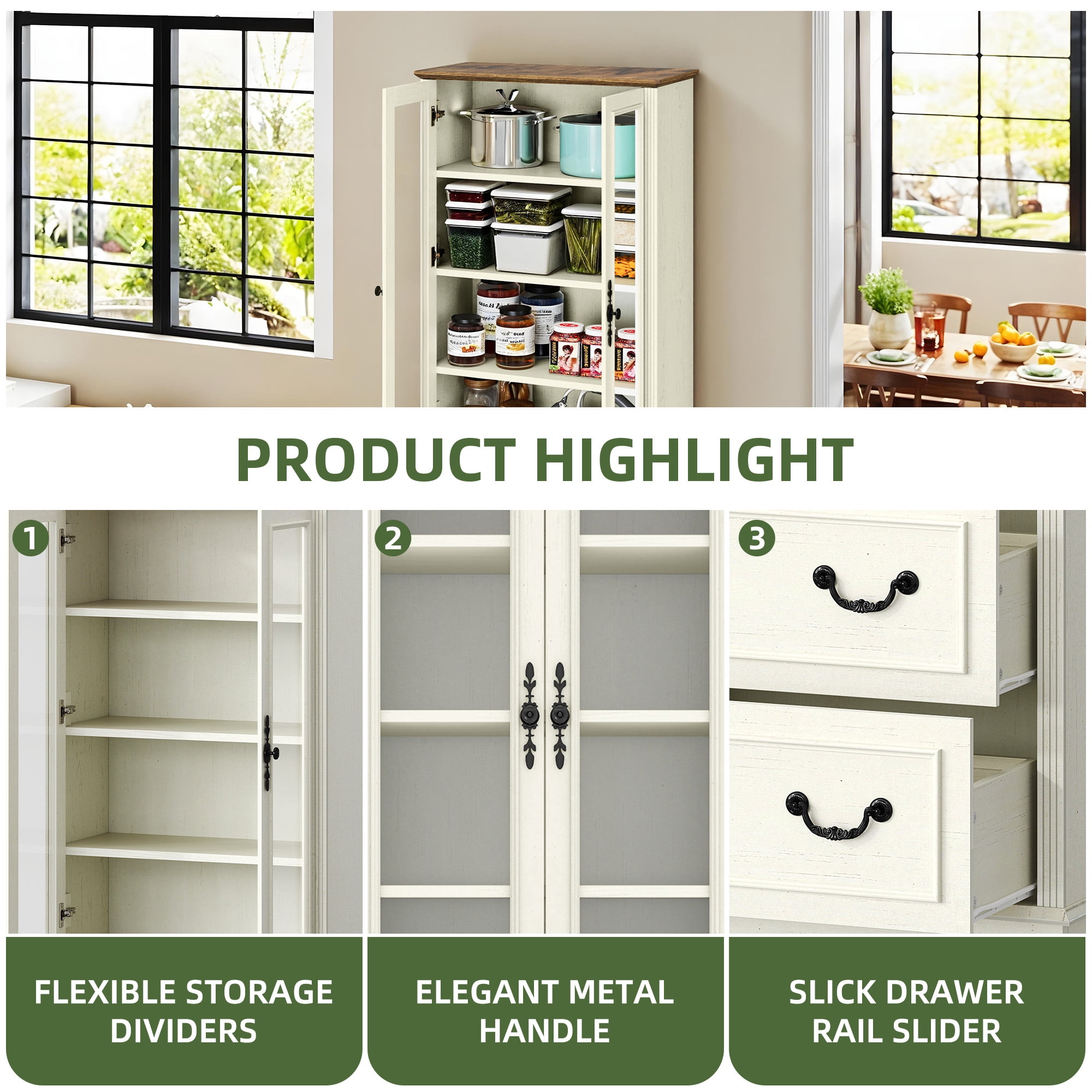 Uforic 76'' Kitchen Pantry Cabinet with 2 Drawers, Tall Storage Cabinet with Glass Doors & Adjustable Shelves, Beige