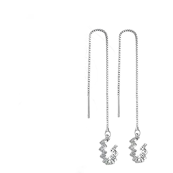 Crystal Long Tassel Silver Zircon Earrings Clip Cuff Threader Women Fashion Gift-default