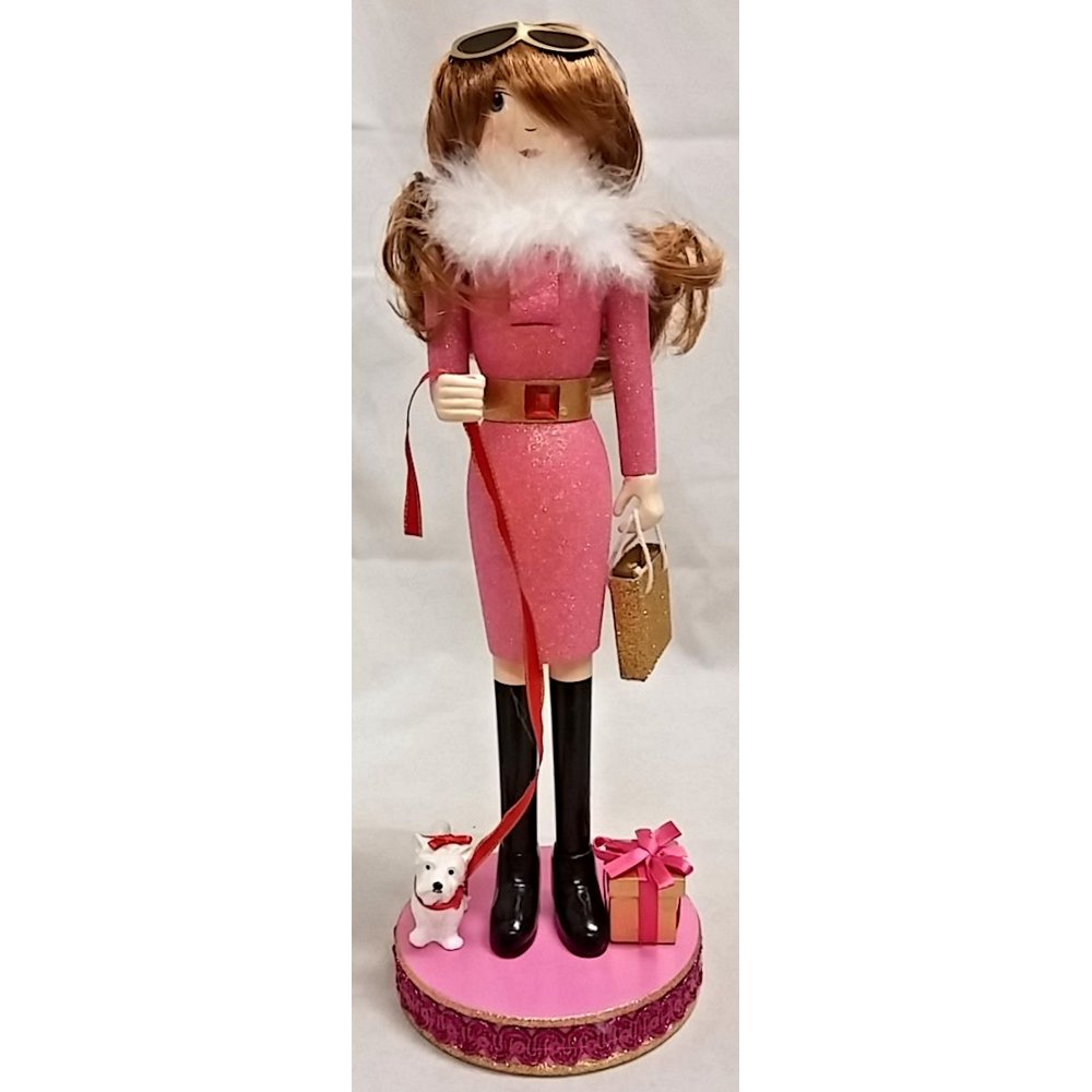 Pink Shopping Girl Holding Purse Wooden Christmas Nutcracker 14 Inch