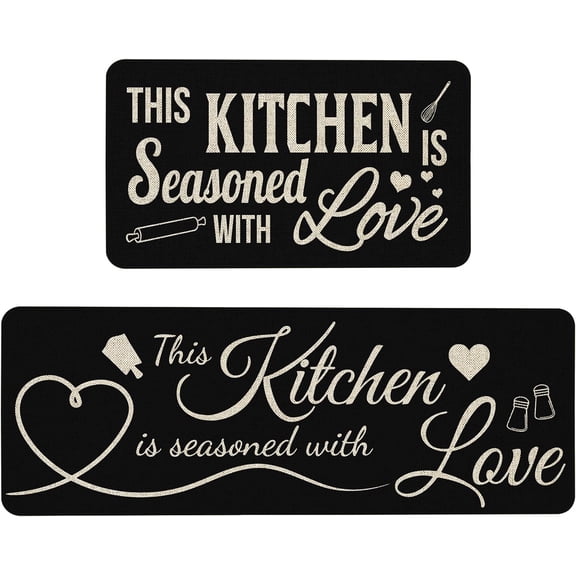 Black Decorative Kitchen Mats Set of 2, Anti Fatigue Waterproof Stain Resistant Floor Rug Non Slip Cushioned Floor Mat - 17x29 and 17x47 Inch