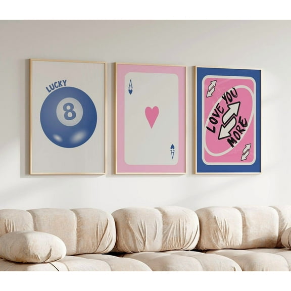 Luvia Trendy Set Pink And Blue Posters Modern Retro Decor Dorm Love You More 8 Ball Poster Ace Card Print, Modern Wall Decor Set 3 Prints 8x12 UNFRAMED