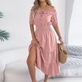 thumbnail image 6 of Gamivast Off The Shoulder Dress for Women Short Sleeve Tie Front Ruffle Dress Smocked Waist Tiered Maxi Dress Solid Boho Dress Beach Vacation Summer, 6 of 8
