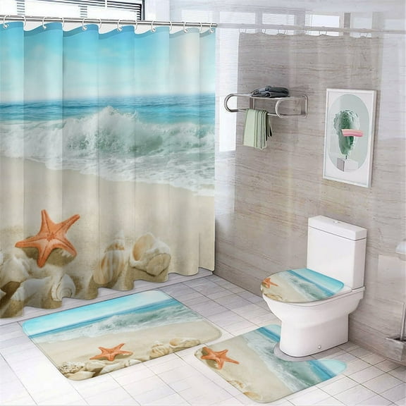 Ocean Beach Shower Curtain Waterproof Bathroom Curtain Set with Hooks Home Decor Bathroom Curtains 4pcs