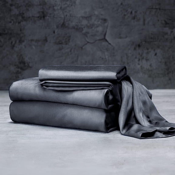Mulberry Silk Satin Sheet Set - 4 Pc (1 Flat Sheet, 1 Fitted Sheet, 2 Pillowcases) - Smooth Bedding for Queen/King Bed - Wrinkle-Resistant, 15" Deep Pockets (Dark Grey,CALIFORNIA