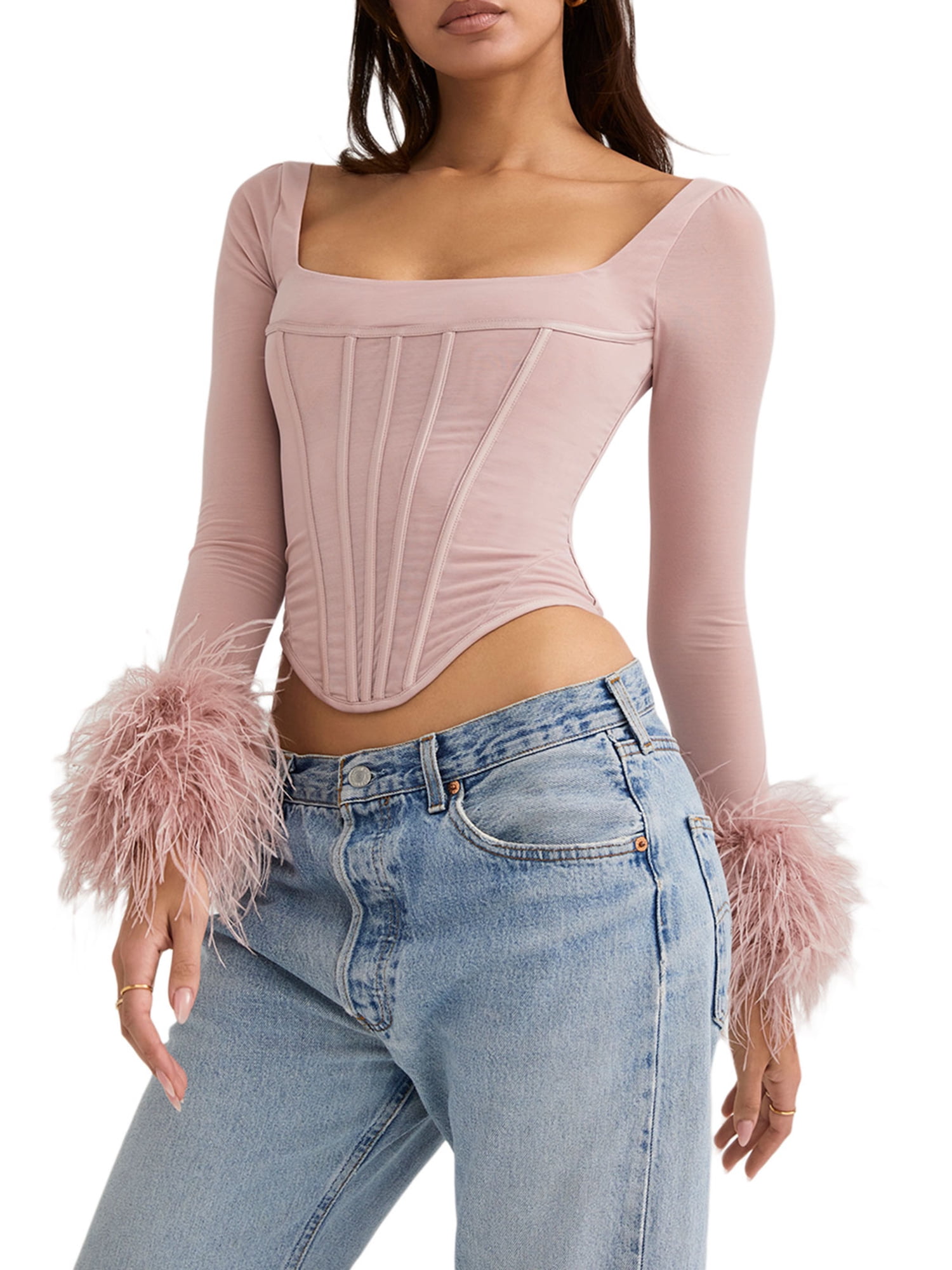 wybzd Women Feather Trim Long Sleeve Top Mesh Sleeve Bustier Corset Top  Tight Shirt Faux Fur Blouse Pink S 