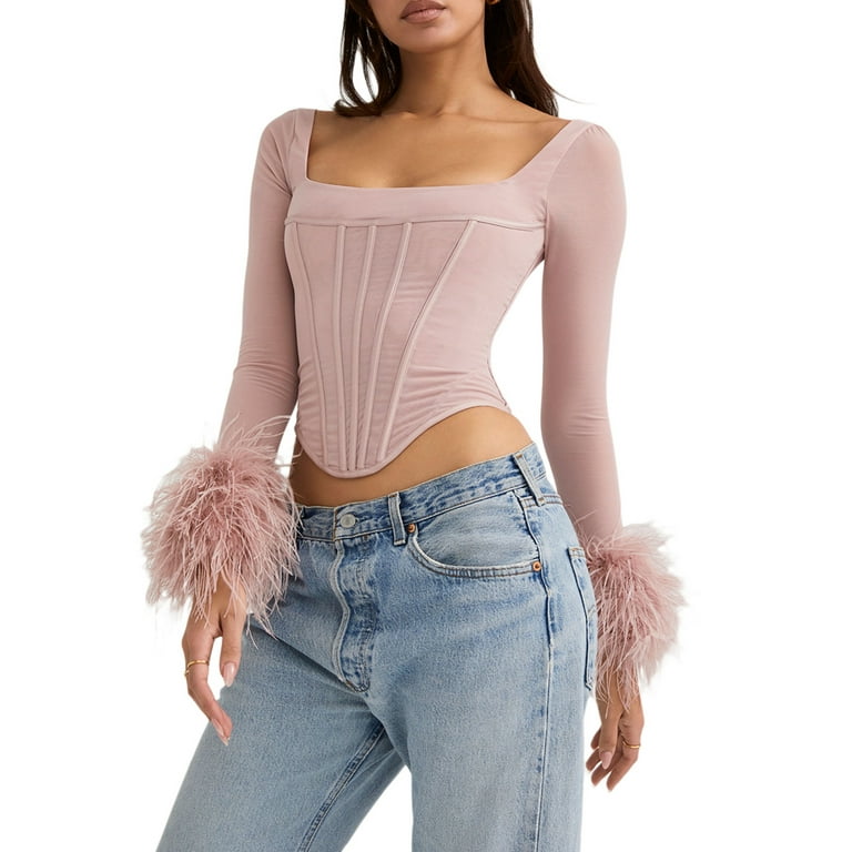 wybzd Women Feather Trim Long Sleeve Top Mesh Sleeve Bustier Corset Top  Tight Shirt Faux Fur Blouse Pink L