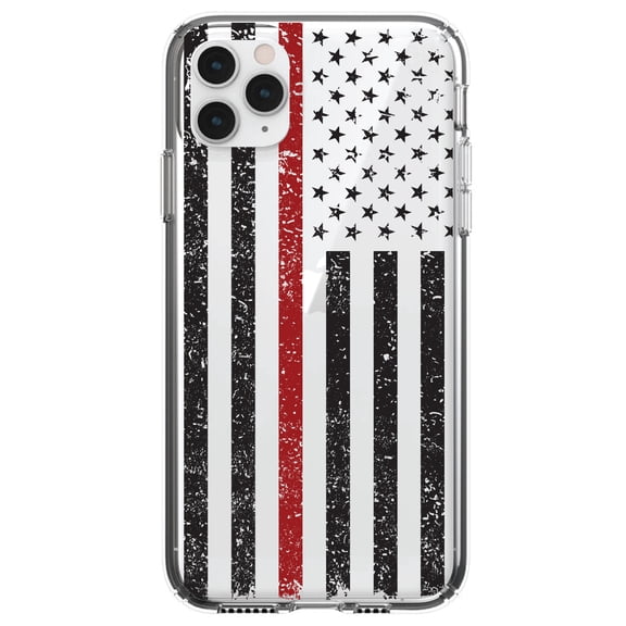 DistinctInk Clear Shockproof Hybrid Case for iPhone 12 / 12 PRO (6.1" Screen) - TPU Bumper, Acrylic Back, Tempered Glass Screen Protector - Weathered Thin Red Line US Flag - First Responder Support