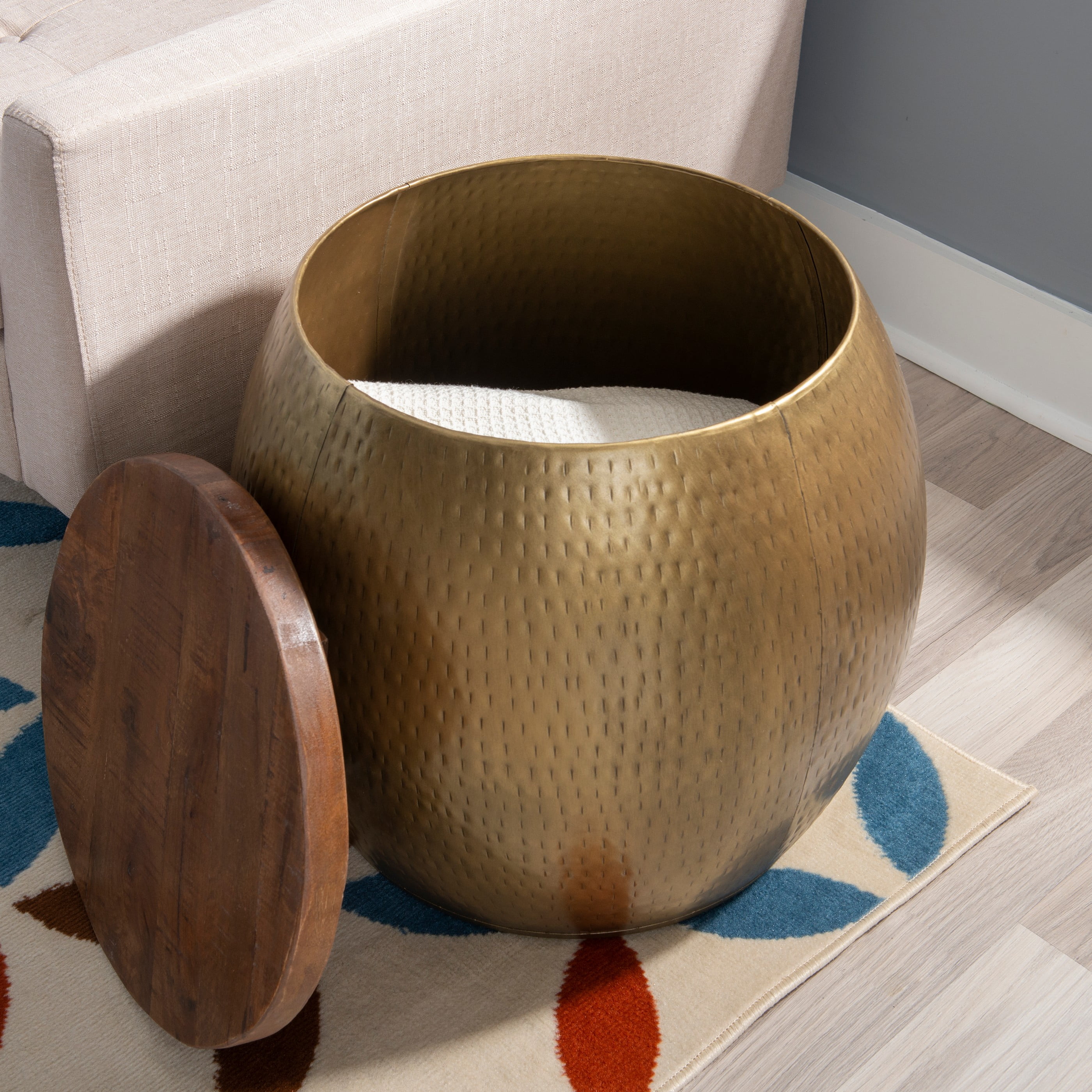 Powell Wesmar Metal Indoor Gold Drum Accent Table with Storage, 20.5" Tall, Brass