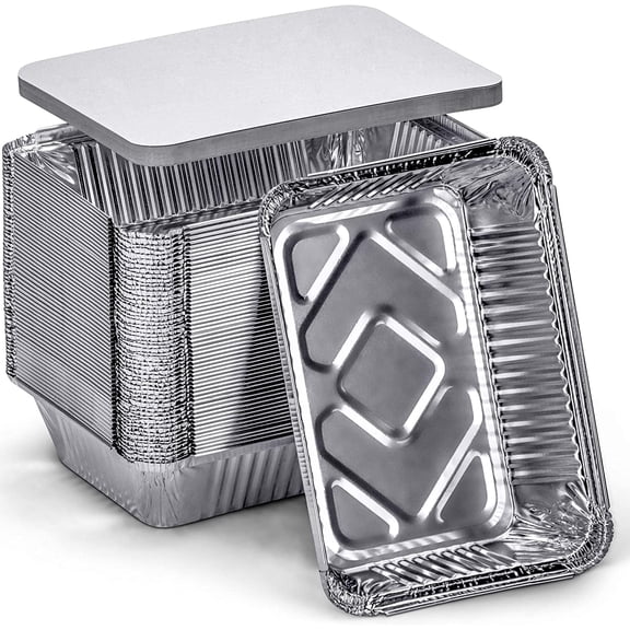 DecorRack 56 Aluminum Pans with Flat Board Lids, Meal Prep Containers, Baking, Heavy Duty, 2.25 lb Rectangular (56 Pans)