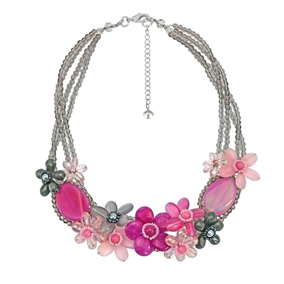 Sweet Floral Beauty Pink Mixed Quartz and Crystals Bib Necklace
