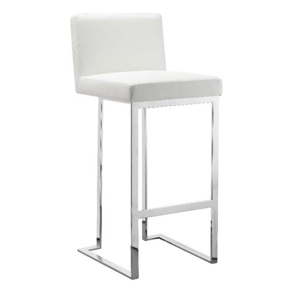 Benjara Boly 30" Barstool Chair- White Faux Leather- Cushions- Chrome Steel