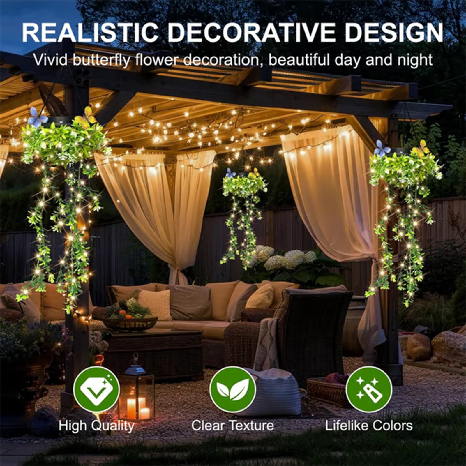 Solar Hanging Garden Lights for Spring Summer, 2 Pack 66 LEDs Realistic Flower Vine String Lights, Waterproof Outdoor Decor for Garden Patio Fence, 8-12 Hrs Auto Lighting, Mother's Gift
