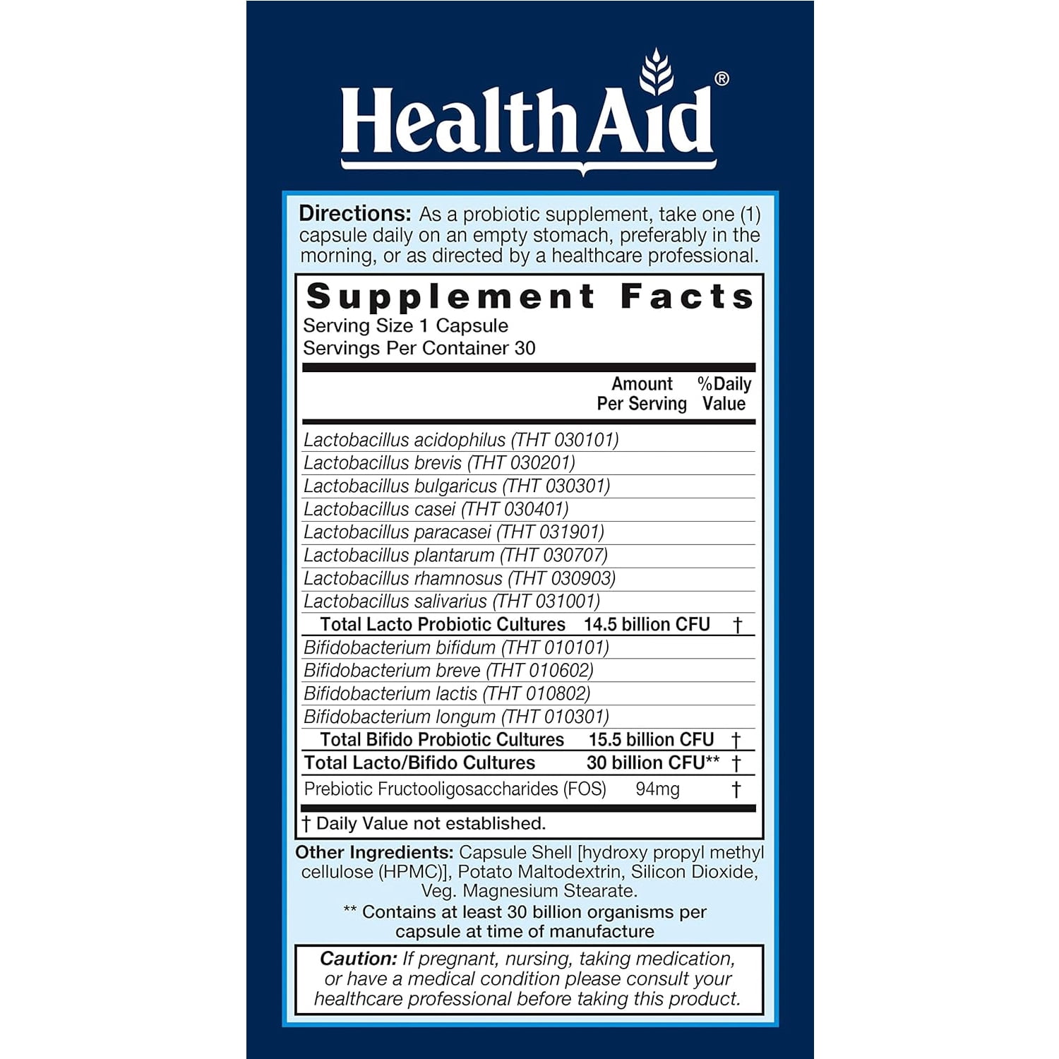 HealthAid Seniorprobio, Once Daily, 30 Billion with Prebiotic, Acid & Bile Resistant, Lactose, Gluten, and GMO Free, Vegetarian, 30 Capsules