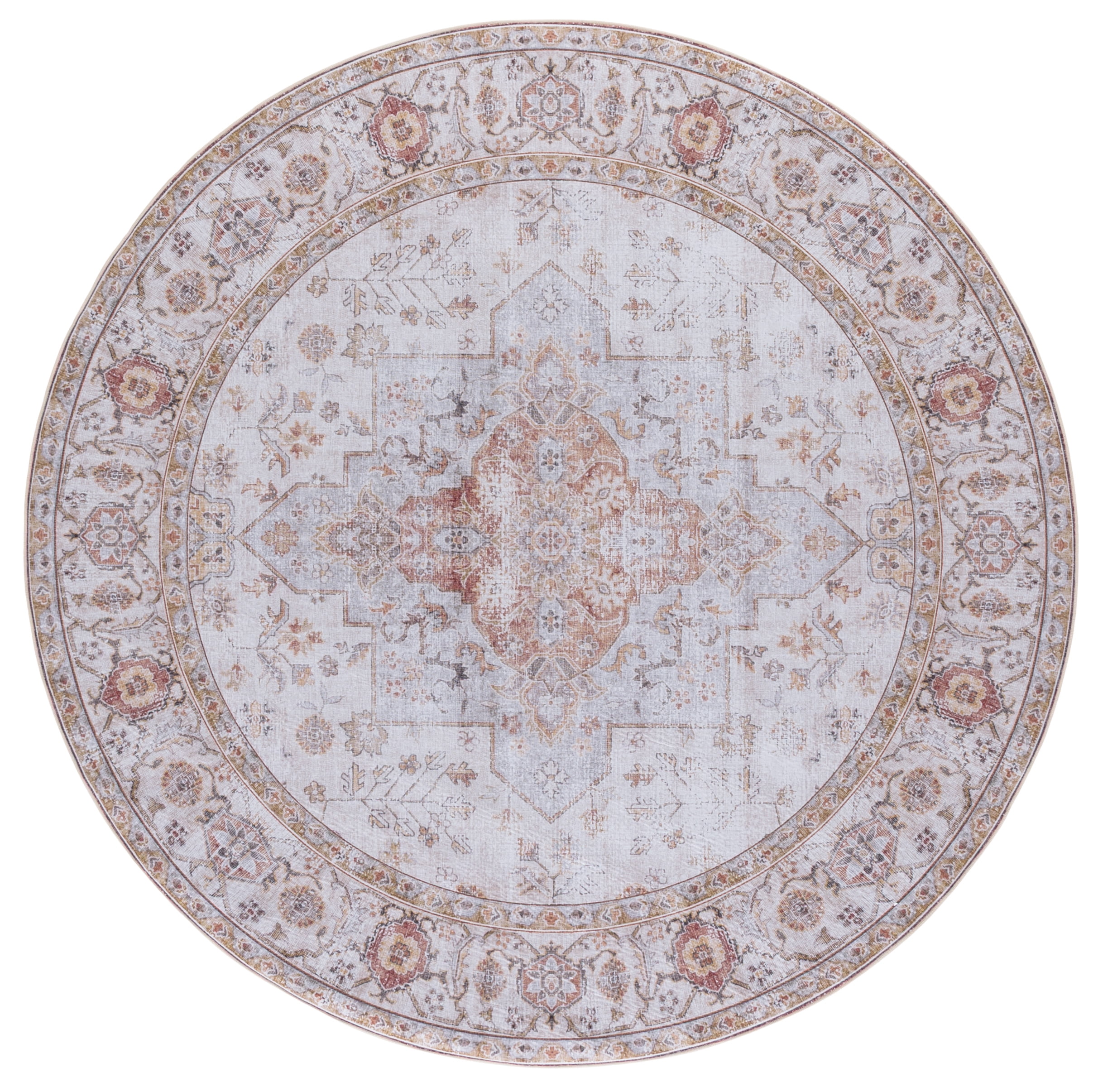 Safavieh Tucson Nazca Oriental Machine Washable Area Rug, Light Gray/Rust, 8' x 8' Round
