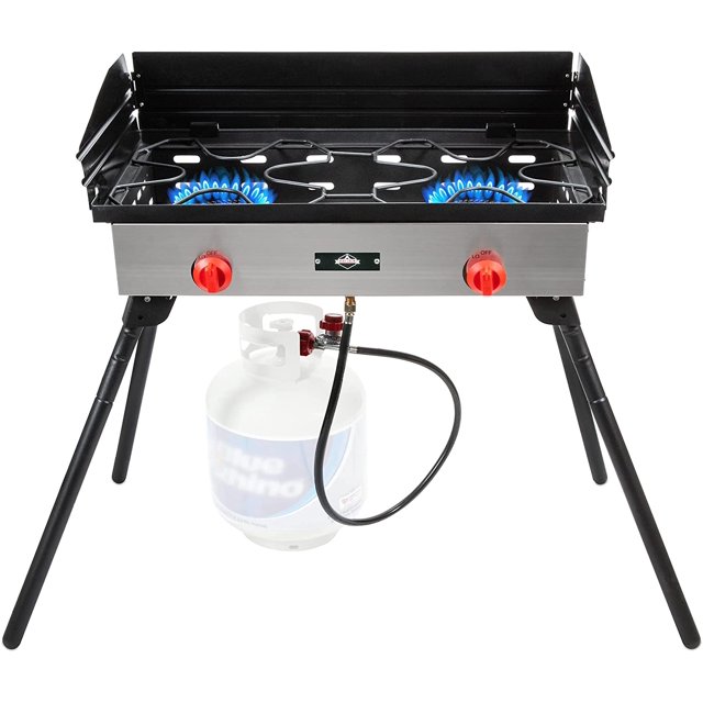 Hike Crew Cast Iron Double-Burner Outdoor Gas Stove | 150,000 BTU Portable Propane-Powered Cooktop w/ Compact Foldable Legs, Temperature Control Knobs, Wind Panels, Hose Regulator & Storage Carry Case