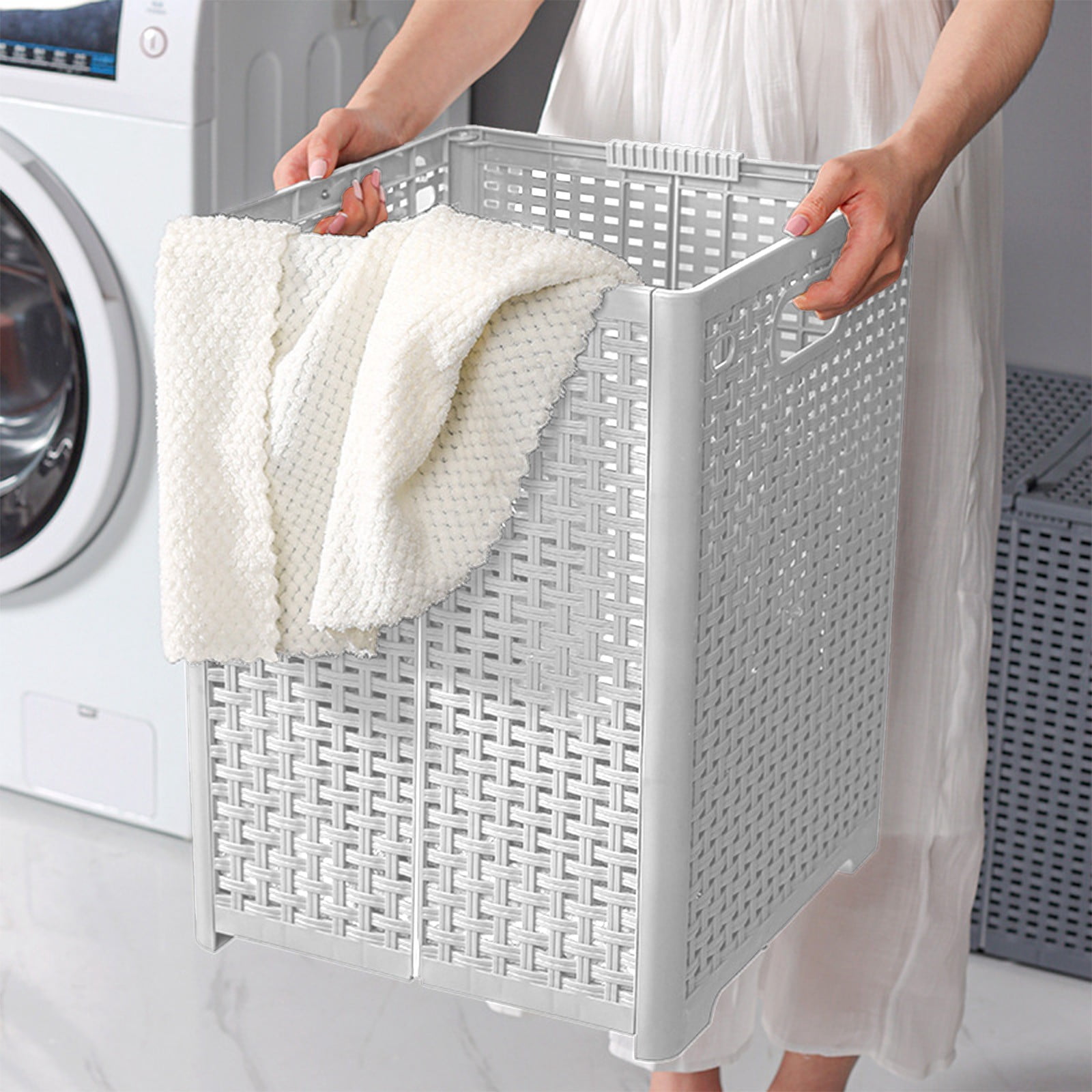 XGFHYJEH Collapsible Laundry Basket with Handles, Plastic Clothes Hamper for Baby Kids Nursery, Freestanding Foldable Laundry Bag, Decorative Storage Container, Folding Big Washing Bin