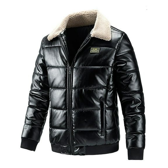 LpwkSSA Men's Leather Puffer Jackets Casual Fashion Winter Solid Color Leather Jacket With Thick Velvet Cotton Coat Collar Jacket Cotton Coat Black L