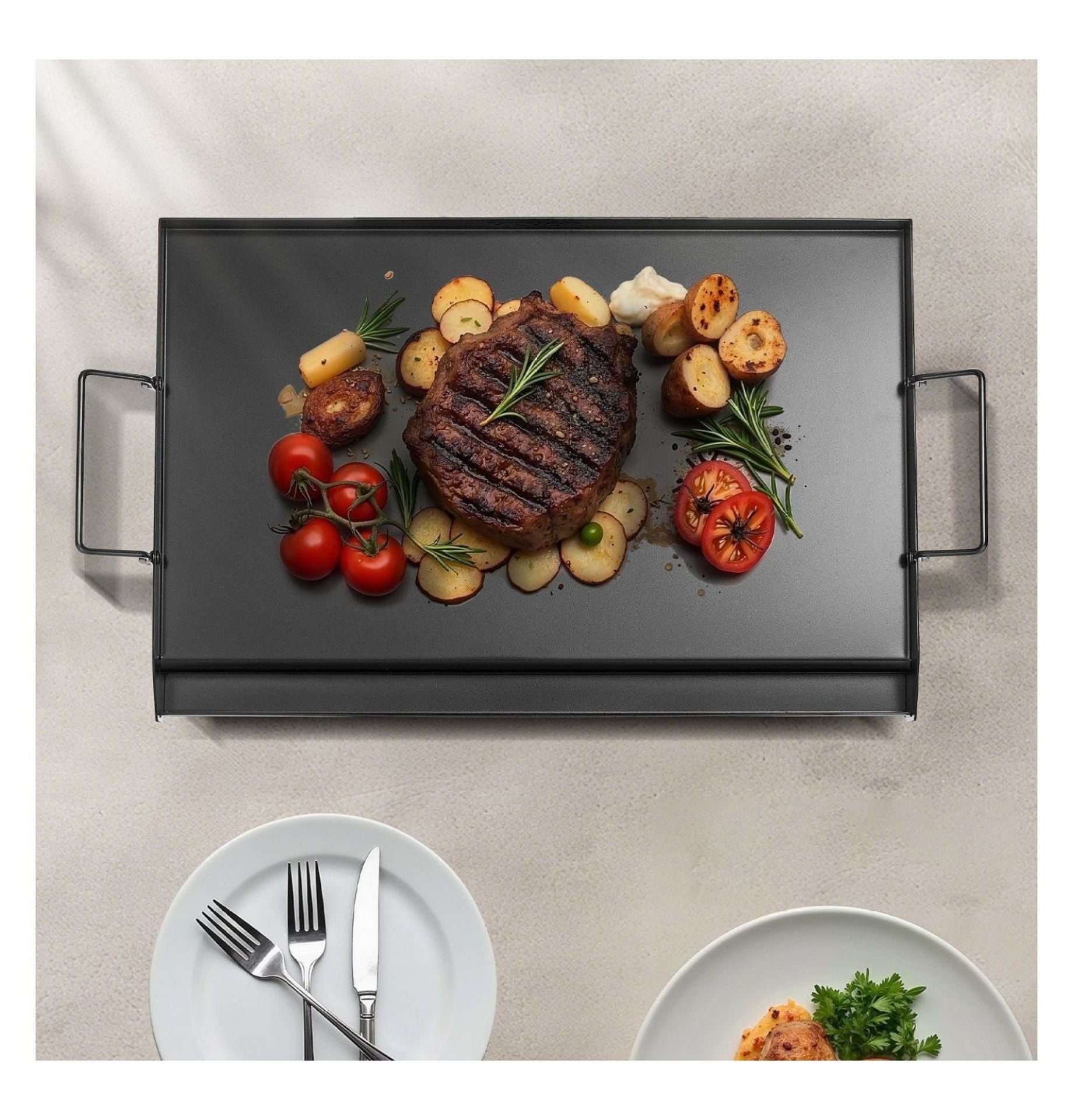 Carbon Steel Griddle 24x16 inch, BBQ Grill Pan, Flat Top Griddle for Gas Stove, Universal Cookware with Grease Trough, Removable Handles