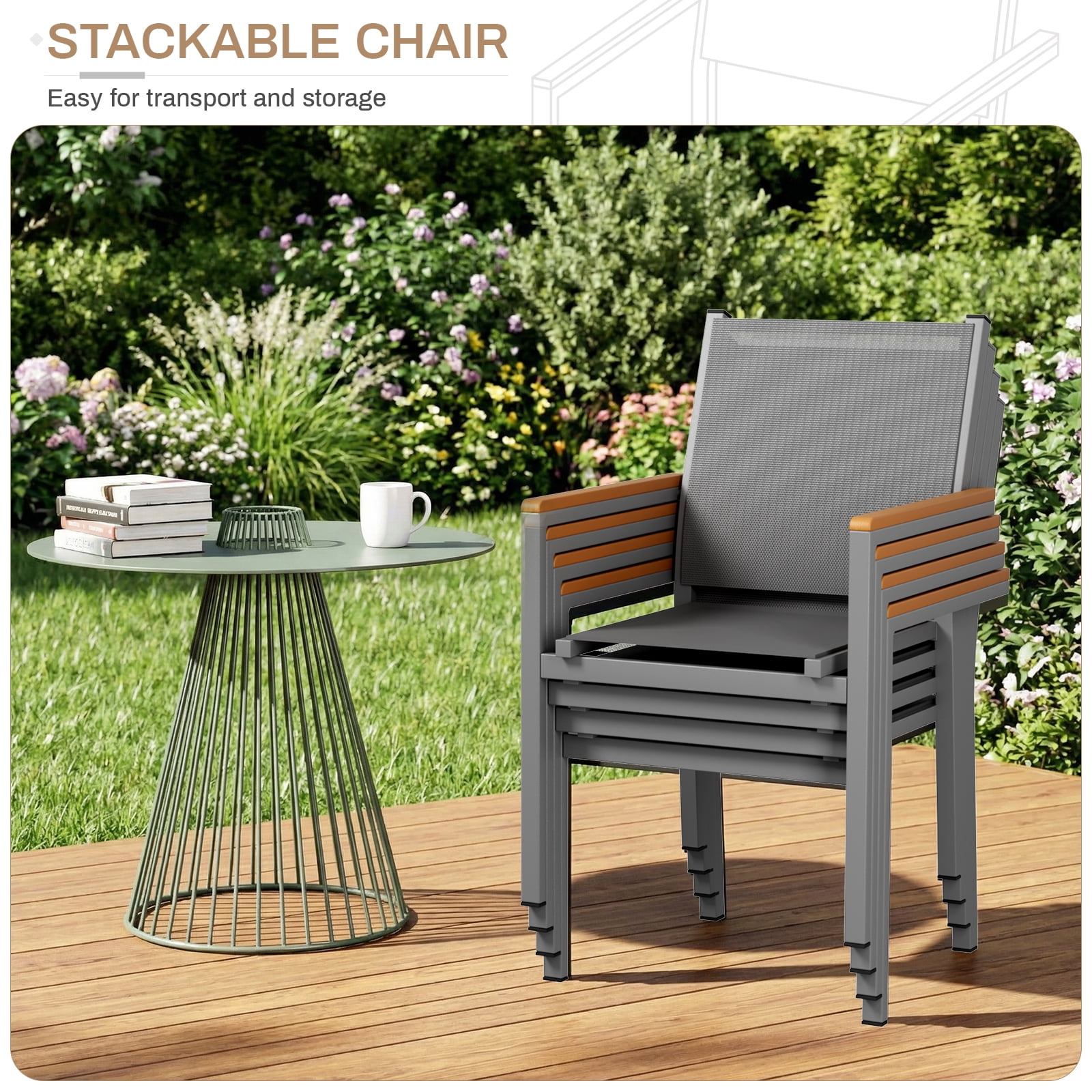 LIFERUN Patio Chairs Set of 6, Stackable Aluminum Dining Chair with Textilene Fabric & WPC Handrail, 17" Seat Height, All Weather Outdoor Chair for Poolside, Balcony, Terrace & Restaurants, Grey