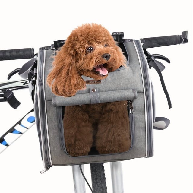 Expandable Dog Bike Basket Carrier | Soft-Sided Pet Backpack with 4 Mesh Windows & Multiple Open Doors, Bicycle Handlebar Pet Carrier for Small Dogs & Cats, Car Booster Seat Travel Bag