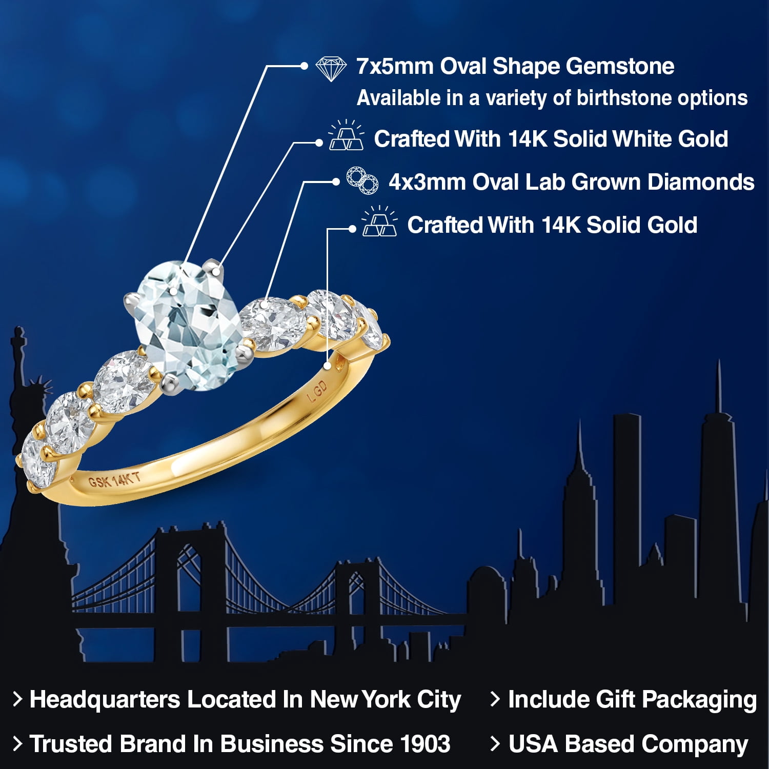 Gem Stone King 14K Two Tone Gold Sky Blue Aquamarine and Lab Grown Diamond Engagement Ring for Women | 1.65 Cttw | Oval 7X5MM | Gemstone March Birthstone | Size 5