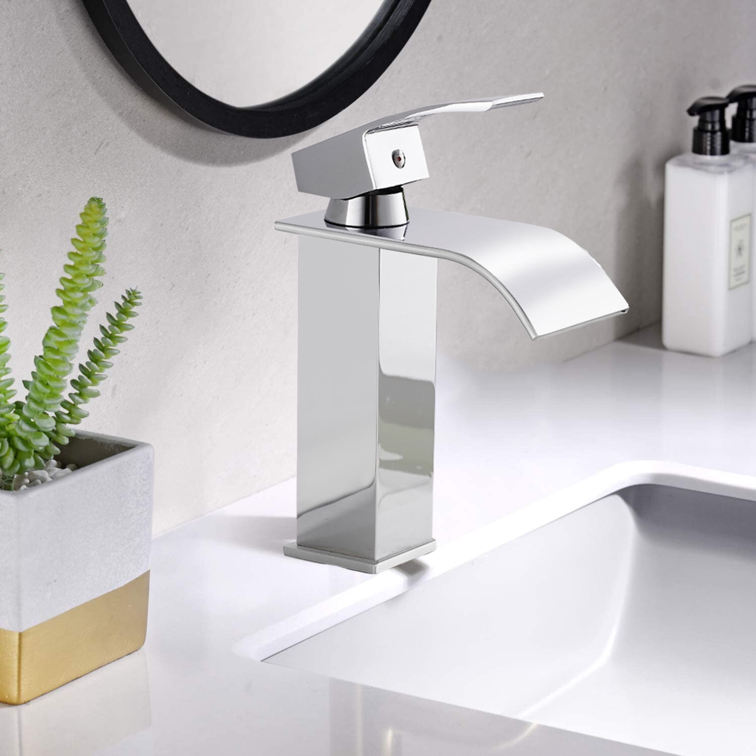 Bathroom Basin Faucet Vanity Sink Waterfall Mixer Tap Lavatory Tap &Drain Chrome