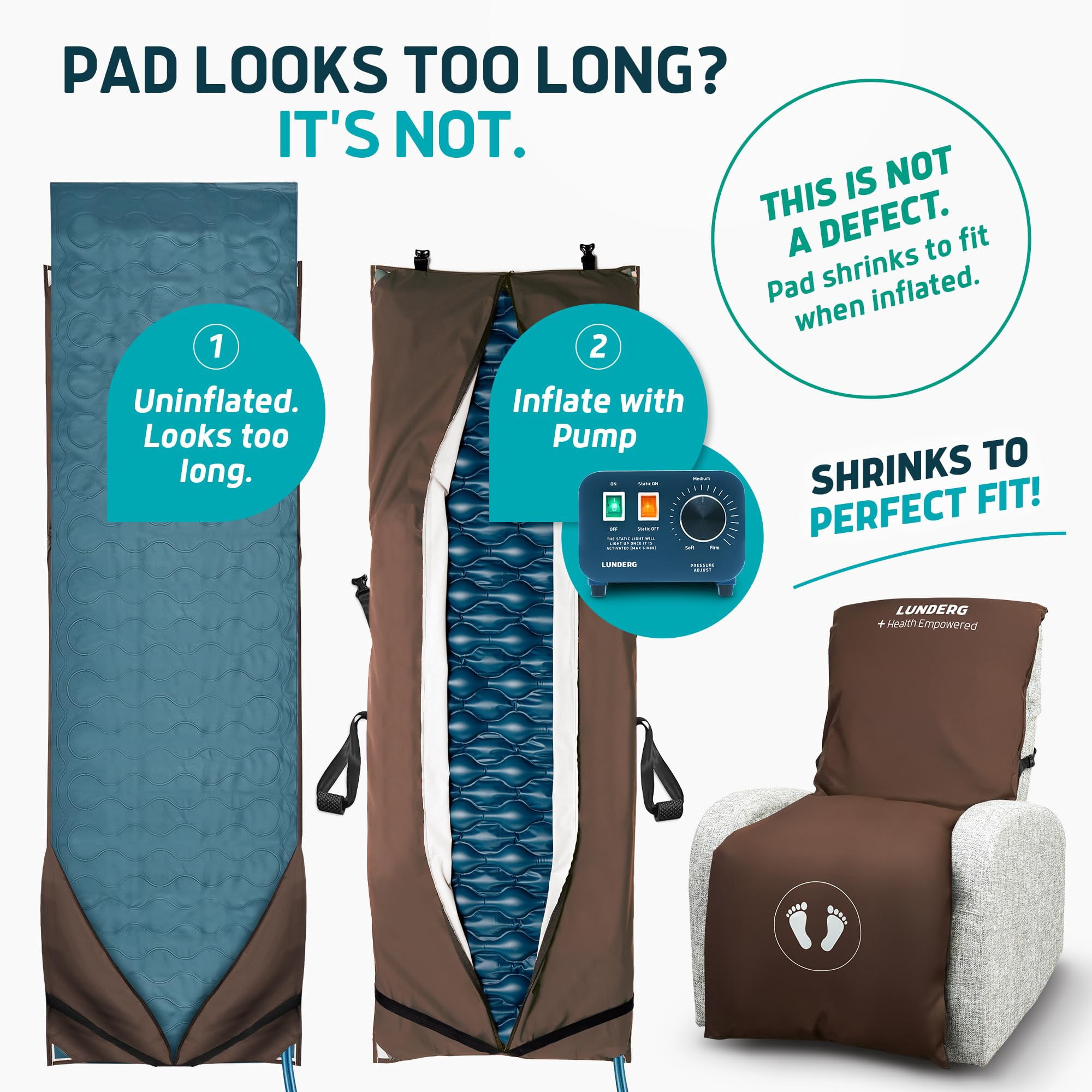 Lunderg Alternating Air Pressure Pad for Recliner Chair - Pressure Relief Cushion Topper for Recliner - Bedsore Prevention - Medical Grade Mattress Pad, Cover & Quiet Pump - Home or Hospital (Coffee)