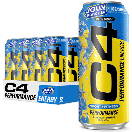 C4 Performance Energy Drink, Jolly Rancher Blue Razz Flavor, Zero Sugar, Carbonated, 16 fl oz Can (12 Pack)
