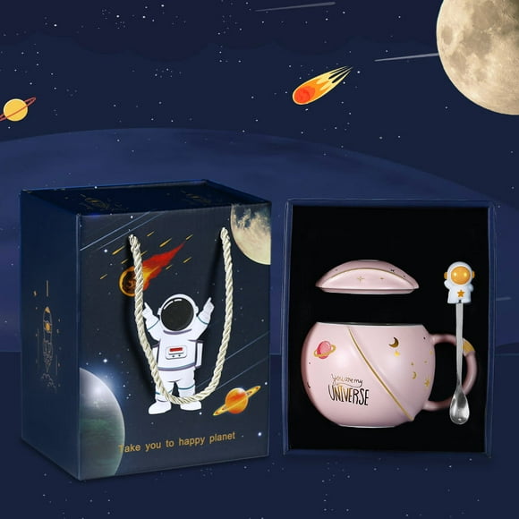 nipocaio Ceramic Coffee Mugs with Lid, Astronaut Stainless Steel Spoon, Morning Ember Mushroom Cup and Milk Mug for Women or Men Rose 400ml/15oz