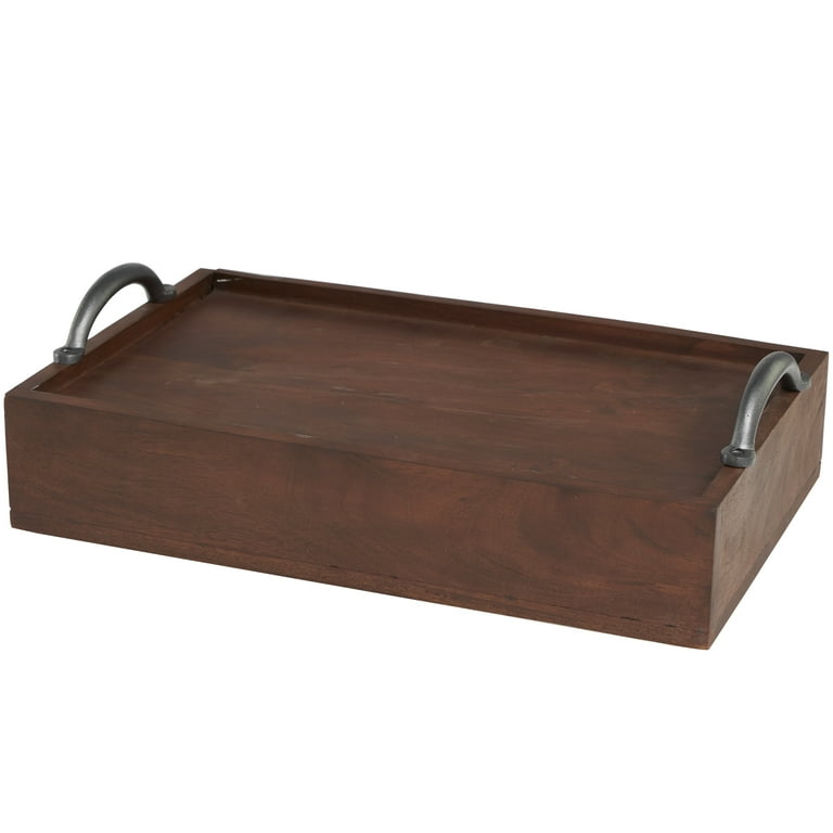 DecMode Wooden Storage Tray with Hidden Drawer and Black Metal