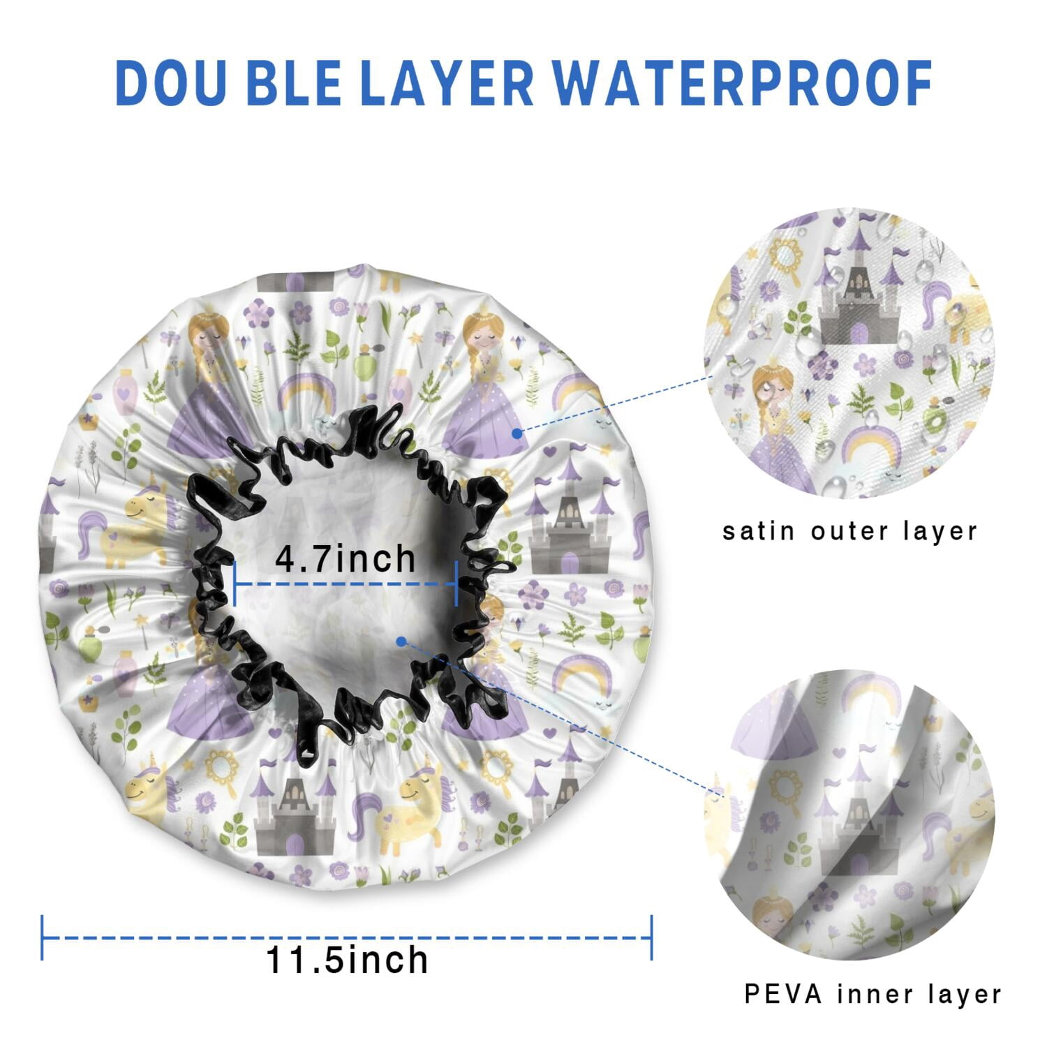 Shower Caps,Princess Unicorn Pattern Waterproof Shower Cap for Women 4 Pieces,Double Reusable Hair Cover for Shower PEVA Elastic Stretch Hem