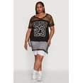 thumbnail image 3 of Womens Plus Size Fishnet Boss 23 Rhinestone Graphic Top with Varsity Stripe Details, 3 of 5