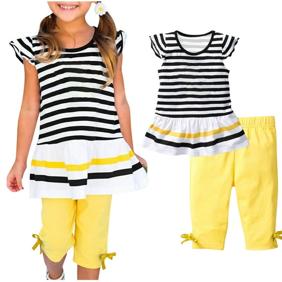 Loopsun Toddler Girls Summer Sets, Fashion Girls' Casual Short Sleeve Tops Round Neck Printed Knee Length Pants Sets Black 7-8 Years
