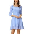 thumbnail image 1 of INSPIRE CHIC Women's Summer Plaid Ruffle Square Neck  3/4 Sleeve A-Line  Dress M Light Blue, 1 of 5