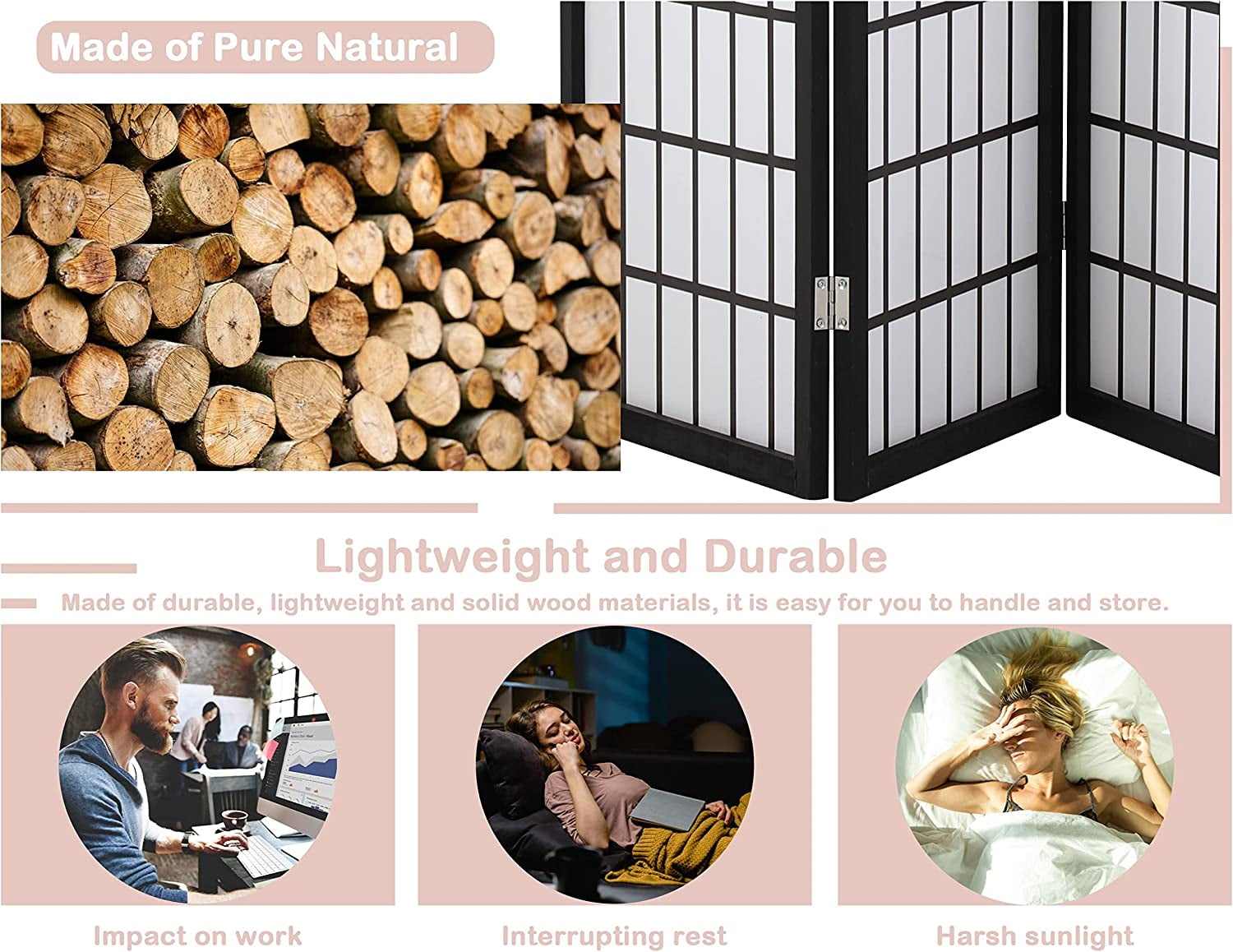 CL.HPAHKL 4 Panel Folding Room Divider, Shoji Style Privacy Screen Wooden Wall Divider