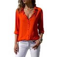thumbnail image 3 of Women Lapel Button Down Chiffon Shirts Solid Color Office Blouse Casual Long Sleeve Tops Red S, 3 of 8