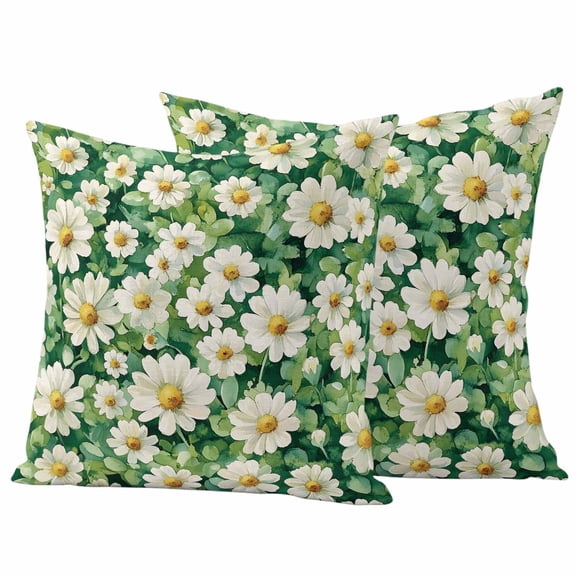 2 Pack Outdoor Waterproof Throw Pillow Covers,Spring Flower Leaf White Daisy Decorative Square Patio Pillowcases for Chair Couch Sofa 16x16in